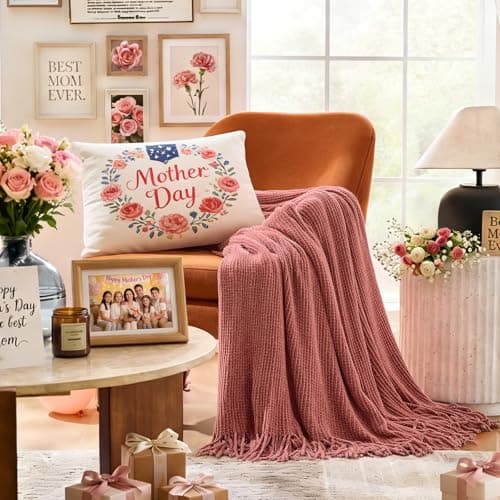 inhand Coral Pink Chunky Chenille Throw Blanket for Couch Bed, Mothers Day/Mom Birthday Gifts for Mom from Daughter Son,Soft Boho Knitted Blanket,Cozy Decor for Living Room,60"x80",Medium Thick - Image 1