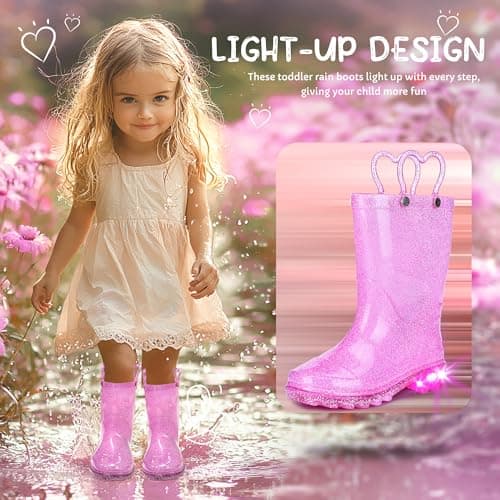 Funspread Girls Toddler Rain Boots - Glitter Light Up Kids Rain Boots with Easy-On Handles, Lightweight Waterproof Rain Shoes Glitter Pink Size 13 - Thumbnail 2