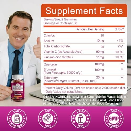 M inch (2 Pack) Quercetin Gummies with Bromelain, Elderberry, Zinc and Vitamin C - Chewable Quercetin 100mg Supplement for Immunity, Allergy, Aging Support - Vegan Gummies for Adult & Kid - Thumbnail 2