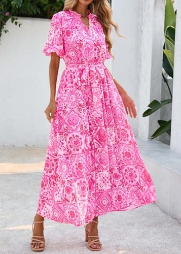KIRUNDO Women Spring Summer Wedding Guest Boho Floral Maxi Dress Puff Sleeve Button Shirt V Neck Flowy Beach Vacation Dress(Rose Red, Medium) - Thumbnail 6