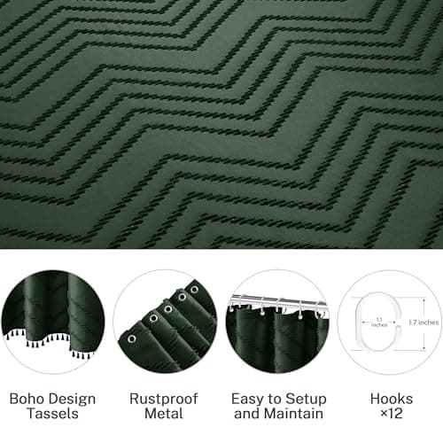 Siiluminisoy Dark Green Boho Shower Curtain with Tassel Woven Fabric Shower Curtain 72 x 72 Modern Farmhouse Textured Tufted Chevron Striped Minimalist Shower Curtains for Bathroom - Thumbnail 6