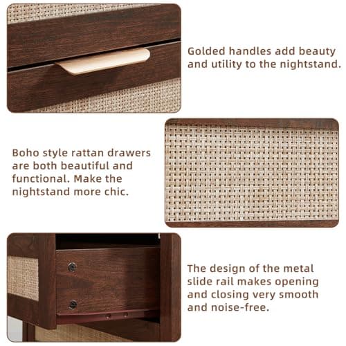 LEYAOYAO 31.5" Wide Rattan Night Stand, Oversized Large Walnut Nightstand with 2 Drawer, Boho Bed Side End Tables with Storage Shelf, Tall Bedside Table for Bedroom Living Room, Hallway - Thumbnail 4