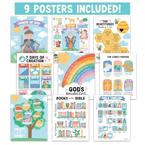 Hadley Designs Sunday School Decorations for Classroom –9 Bible Posters for Kids, Books of the Bible, 10 Commandments, Bible Timeline Chart, Fruits of the Spirit, Pastel Christian Classroom Decor - Thumbnail 3