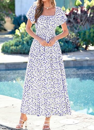 BTFBM Summer Dress for Women 2026 Spring Floral Short Sleeve Casual Flowy A-Line Smocked Tiered Maxi Dresses Pockets(Floral White Blue, X-Large) - Thumbnail 6