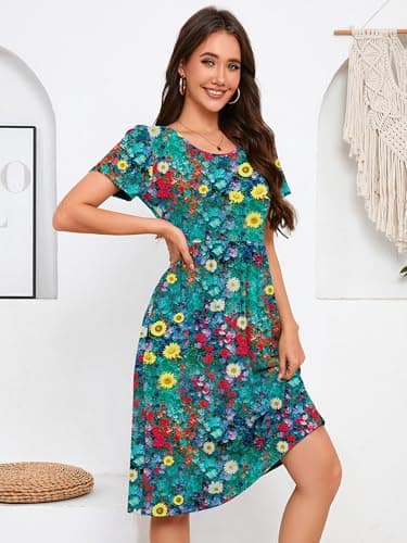 DEARCASE Summer Midi Dresses for Women Floral Rapeseed Petals Medium Short Sleeves A line Casual Wedding Guest Flowy Swing Cocktail Party Holiday Spring Travel Long Dress with Pockets - Thumbnail 4