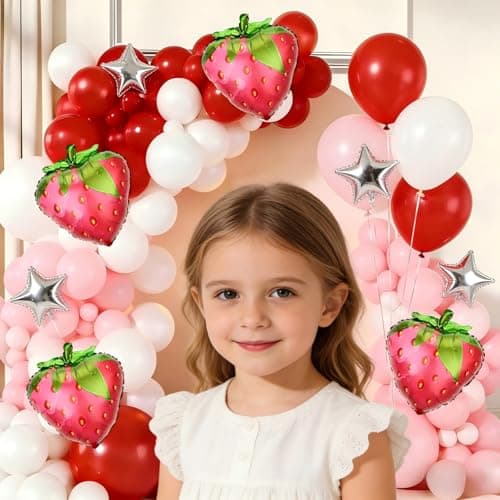 Strawberry Balloon Garland Arch Kit, 143pcs Red Pink and White Balloons with Strawberry Foil Balloons for Sweet Girl Berry First Baby Shower Birthday Party Decorations - Thumbnail 3