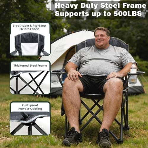 SUNNYFEEL Camping Chairs for Adults, Oversized Camping Chair Heavy Duty 500LBS, Portable Lawn Chair with Cup Holder, Side Pocket&Bag for Outdoor Camping/Beach/Picnic/Fishing, Grey - Thumbnail 4
