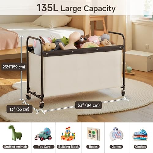 StorageWorks Toy Box with Wheels for Kids, 135L Large Toy Storage Chest and Organizer, 23" Metal Toybox with 360° Swivel Wheels for Bedroom, Kids Room, Stuffed Animal Storage, Beige - Thumbnail 2