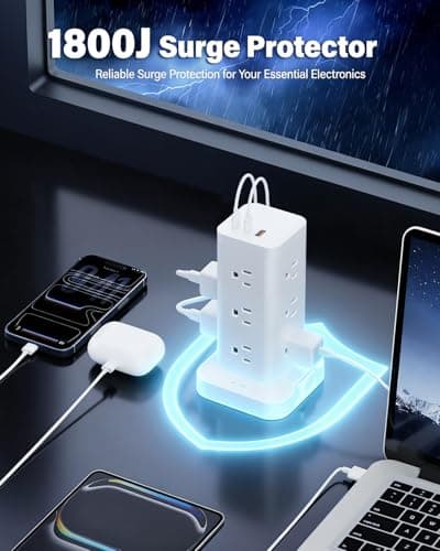 Power Strip Tower with Surge Protector 1800J, Fast Charging Tower PD20W USB-C Ports with 12 AC Outlets, 10ft Extension Cord for Home Office Dorm Room, White - Thumbnail 5