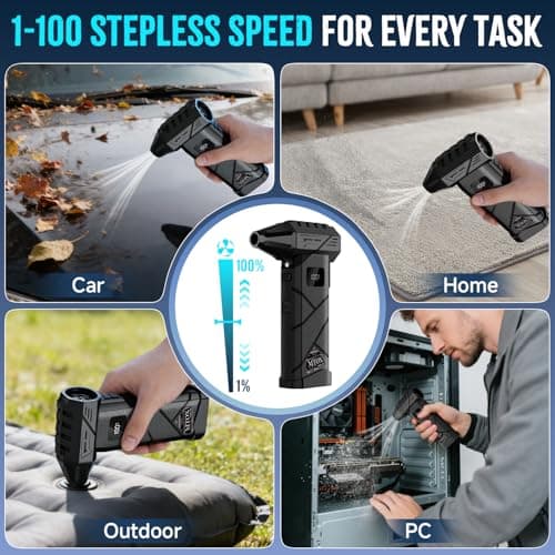 MTOX Compressed Air Duster, 150,000RPM Super Power Rechargeable Electric Air Duster, Blower, 2in1 Vacuum, 4-Gear Adjustable,2 Swappable Battery, LED, for Keyboard, PC, Car, Home (Frosted Black) - Thumbnail 4