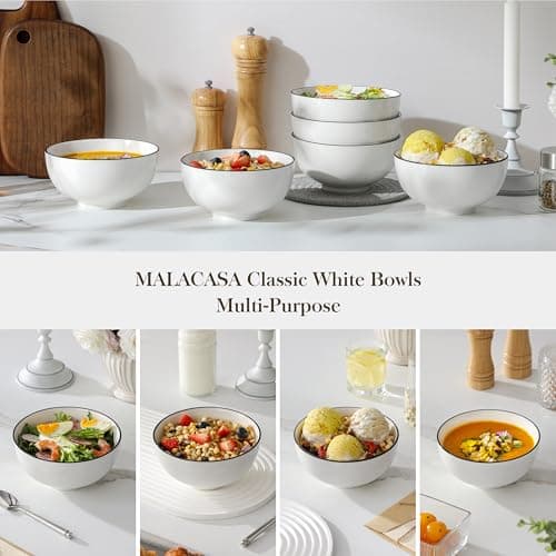 MALACASA Porcelain Soup Bowls, White Ceramic Cereal Bowls for Kitchen, Dishwasher and Microwave Safe, Series Regular 26Oz - Thumbnail 6