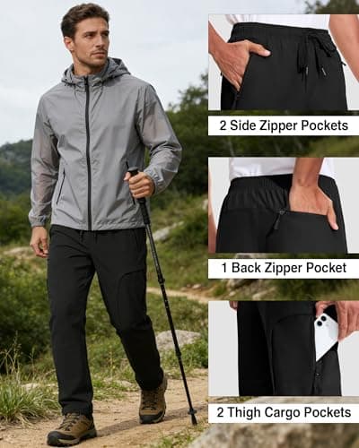 Mens Cargo Work Pants 5 Pockets Waterproof Lightweight Quick Dry Tactical Hiking Pants UPF 50+ Elastic Waist Drawstring Casual Athletic Workout Running Black XXL - Thumbnail 5