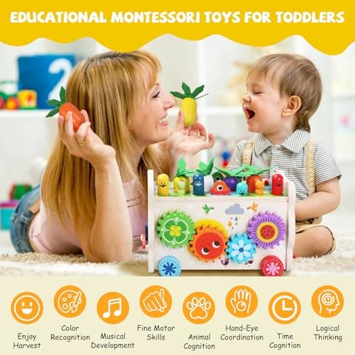 9 in 1 Montessori Toys for 1 Year Old, Wooden Hammering Pounding Toy Game with Xylophone for Toddlers 1-3, Gears and carrot harvest,1 Year Old Girl Birthday Easter Gifts, Learing Toys for babies - Thumbnail 4