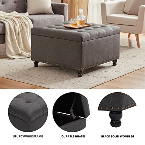 Tbfit Large Square Storage Ottoman Bench, Tufted Upholstered Coffee Table with Storage, Oversized Storage Ottomans Toy Box Footrest for Living Room, Dark Grey - Thumbnail 6