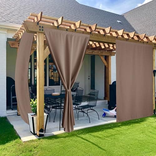 NICETOWN Outdoor Curtains Fade Resistant 2 Panles, Waterproof Patio Curtains with Peel/Stick Top & Back Tab Bottom with Free Rope, Windproof Sun Shades for Porch/Lanai, W52 x L108 in, Mocha, 2 Panels - Image 1