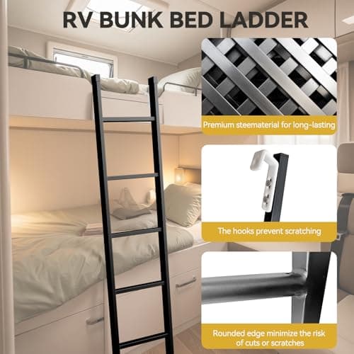 66inch RV Bunk Bed Ladder, 66" Heavy Duty Travel Trailer Bed Ladders, Metal Camper Bunk Bed Ladder with 4 Hook and Foot Caps, 330 LBS Loading Twin Bed Step Ladder Portable Stairs Steps, Black - Thumbnail 6