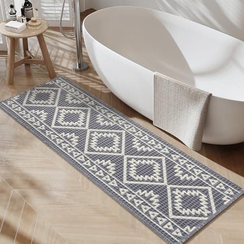 PADOOR-Waffle Bathroom Runner 24"x72", Super Absorbent Bath Mats for Bathroom, Machine Washable Non Slip Bath Rug with Tassels, Soft Bath Mat for Laundry Room, Bedroom, Grey & Cream, 2'x 6' - Image 1