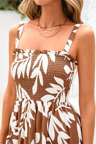PRETTYGARDEN Womens Summer Dresses 2026 Casual Spaghetti Strap Ruffle Smocked Flowy Floral Spring Maxi Dress with Pocket(Khaki,X-Large) - Thumbnail 4