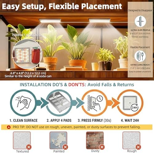 Dual Head LED Grow Light for Indoor Plants, Full Spectrum Under Cabinet Plant Light for Shelves, High PPFD Spotlight Puck with Timer & Dimmer, Stick-On Lamp for Succulents, Plant Stands & Wide Cabinet - Thumbnail 5