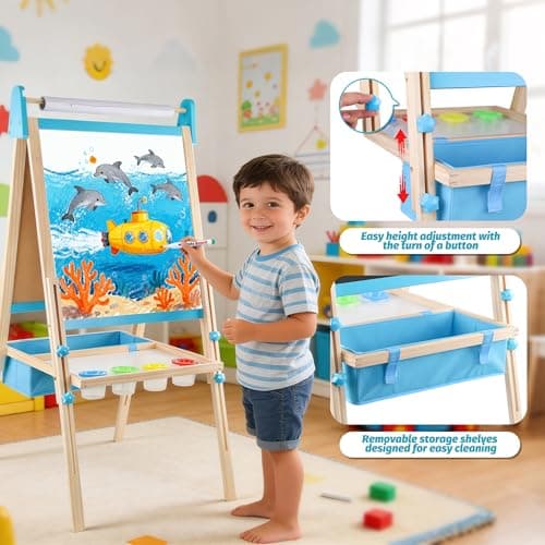 Wooden Easel for Kids, Adjustable Kids Art Easel, Learning Toy for Boys and Girls Ages 3-4 4-8 8-12, Wooden Blackboard & Magnetic Whiteboard and Drawing Paper Holder, 2 Drawing Paper Roll - Thumbnail 4
