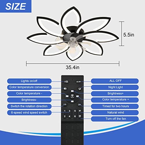 ZHMDJDSH 35" Geometric Ceiling Fan with Light Remote Control, 6 Speeds 3 Colors, Black Low Profile Flush Mount Ceiling Fan for Kitchen Bedroom Living Room - Thumbnail 3