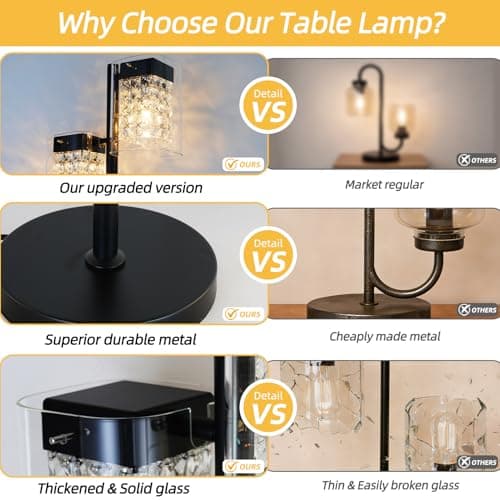 TYhogar Crystal Table lamp-Modern Black Lamps for Living Room,Plug in Bedside Lamps with Switch,Elegant Desk lamp for Room Decor,Bedroom,Dining Room,23" Tall - Thumbnail 6
