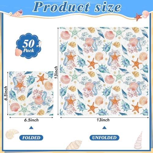 NatNarr 50 Pcs Seashell Napkins 6.5 Inch Vintage Coastal Beach Paper Napkins Blue Seahorse Starfish Conch Ocean Nautical Beverage Party Napkin for Summer Pool Coastal Wedding Decoupage, 2-Ply - Thumbnail 2