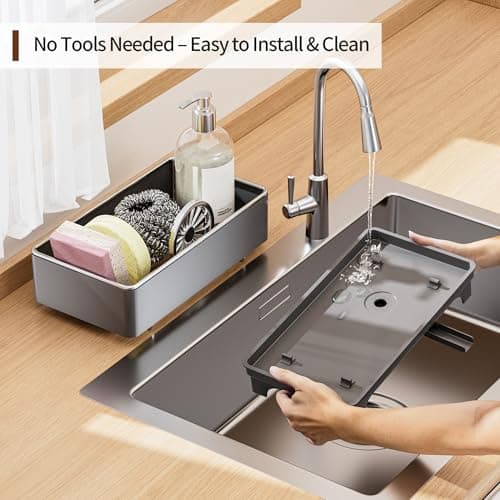 MOUKABAL Sponge Holder for Kitchen Sink – Rustproof Stainless Steel, 360° Rotating Drain Pipe, Large Counter Organizer with Drip Tray for Sponges, Brushes & Dish Cloths Grey - Thumbnail 5