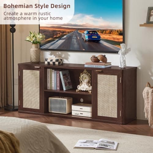 LEYAOYAO Rattan TV Stands for Living Room, Walnut - Thumbnail 4