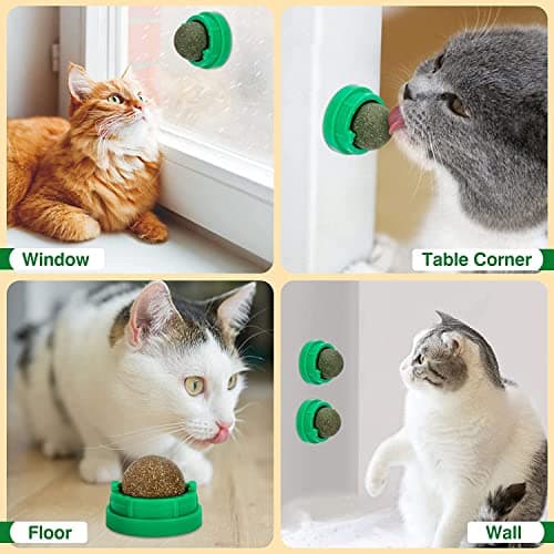 SINROBO 3 Pack Catnip Balls, Catnip Ball for Cats Wall, Edible Kitty Toys for Cats Lick, Safe Healthy Kitten Chew Toys, Teeth Cleaning Dental Cat Toys, Cat Wall Treats (Green) - Thumbnail 4