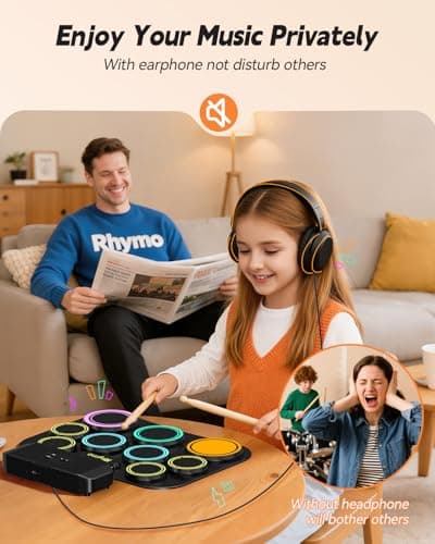 Rhymo Electronic Drum Set, 9-Pad Roll-Up with Built-in Speaker, Rechargeable Battery, Headphones, Drum Pedal & Sticks, Perfect for Beginners, Home Practice and Travel Gifts - Thumbnail 3