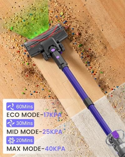 COTIAR Cordless Vacuum Cleaner,500W 40KPa 120Mins Runtime with 2 Batteries,Anti-Tangle Stick Vacuum with Green Light,Rechargeable Wireless Vacuum for Pet Hair/Carpet/Hardwood Floor,Purple - Thumbnail 6