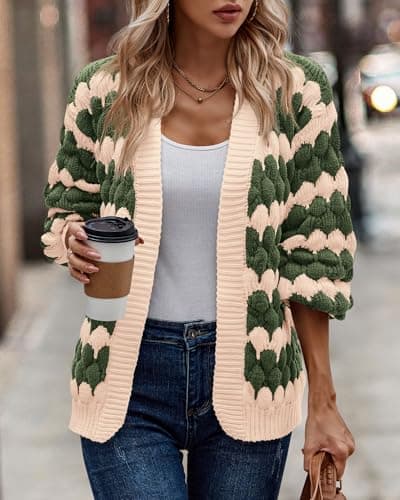 KIRUNDO Women Cardigan Oversized Puff Sleeve Open Front Striped Color Block Cable Knitted Cardigans Fashion Chunky Winter Sweater Coats Fall Clothes 2026(Army Green, Medium) - Thumbnail 3