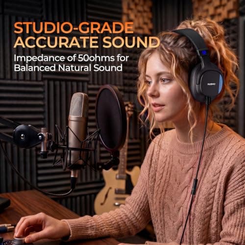 NUBWO Studio Headphones Wired, Hi-Res Over Ear Headphones with 3.5/6.35mm Detachable Jack, 180° Flip Earpads, 45mm Drivers Professional Monitor Headsets for Mixing, DJ, Recording, Guitar, Piano-HD01 - Thumbnail 4