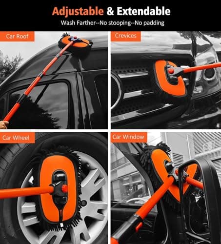 YeewayVeh 55" Car Wash Brush Mop with Long Handle, 15 Degree Curved Extendable Car Wash Brush with Extra Microfiber Mop Head, Soft Car Washing Brushes with Storage Bag for Truck SUV Cleaning, Orange - Thumbnail 5