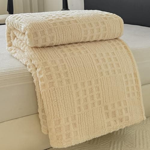 Throw Blanket for Couch or Bed，Waffle Weave Jacquard Decorative Blankets - Cozy Soft Lightweight Fuzzy Flannel Blanket(Oatmeal,80x90in) - Image 1