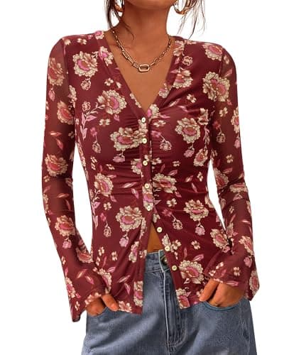 BTFBM Button Down Shirts for Women 2026 Spring Boho Tops V Neck Long Sleeve Blouses Ruched Mesh Fitted Fashion Clothing(Brown, XX-Large) - Image 1