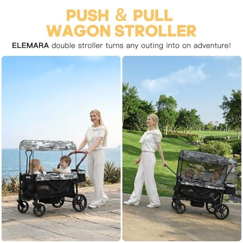 ELEMARA All-Terrain Stroller Wagon for 2 Kids, Foldable Kids Wagon Stroller Includes Removable Canopy,Mosquito net, Adjustable Push＆Pull Handle,Snack Tray & Cup Holders, Storage Basket, Black+White - Thumbnail 2