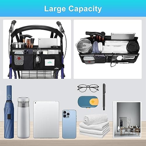 Rollator Basket, supregear Rollator Walker Bag w/Cup Holder, Foldable Rolling Walker Waterproof Storage Pouch with Big Capacity & Never Tipping Over, Easy to Use Rollator Accessories for Seniors - Thumbnail 4