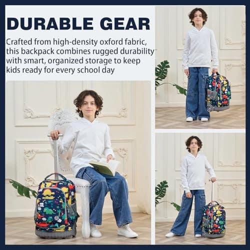 BAMIFEI 18 Inch Dinosaur Rolling Backpack for Boys, Dinosaur Wheeled Backpack Roller Backpacks Kids Backpack School Backpack, Spacious Multiple Compartments Quiet Wheels Travel Backpack for Kids - Thumbnail 6