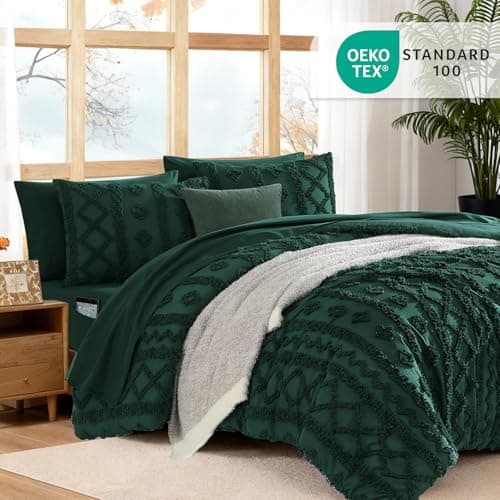 WRENSONGE Queen Size Comforter Set with Sheets - 7 Pieces Emerald Green Tufted Bed in a Bag Queen Shabby Chic Bedding Sets with 1 Comforter, 2 Sheets, 2 Pillowcases & 2 Shams - Thumbnail 6