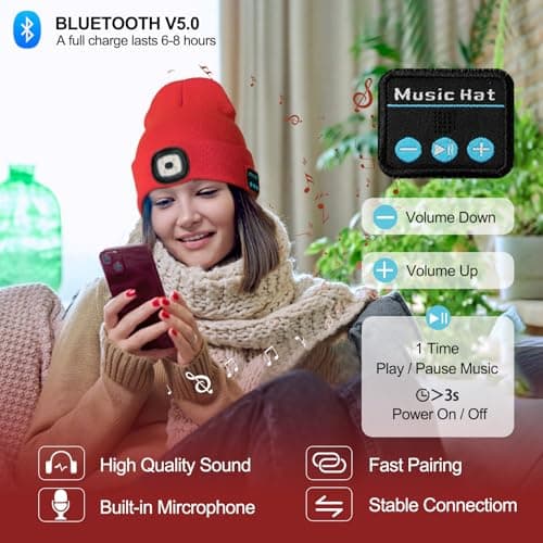 SYMNTEM Rechargeable Bluetooth Music Unisex Beanie Hat with Light for Hiking, Camping, Running, Beanie Headlamp, Gifts for Men, Women, Dad, Him, Her, Husband, Birthday Gifts for Men, Red - Thumbnail 2