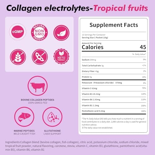 AirVigor Electrolytes Powder Packets, 10G Collagen Hydration Packets, Sugar Free Daily Electrolyte Hydration Recocery Drink Mix with 5 Vitamins & Glutathione, Joint Skin Muscle Support, Keto, Tropical - Thumbnail 2