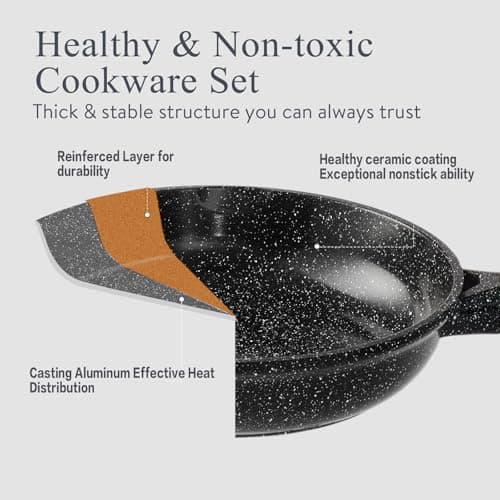 Pots and Pans Set Non Stick Non-Toxic 22 Pcs Ceramic Cookware Sets Nonstick Kitchen Pot&Pan With Lid Black Granite Induction Compatible with Glass Lids Crepe Frying Pan PFOA/PFOS-Free - Thumbnail 5