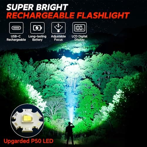 RECHOO Rechargeable Flashlights 2 Pack, Super Bright High Lumens LED Flashlight with LCD Digital Display, 3 Lighting Modes & Zoomable Torch Lights for Home Camping Hunting Emergency - Thumbnail 2