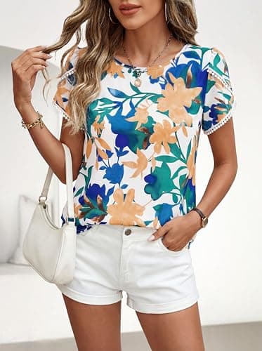 PRETTYGARDEN Womens Spring Tops 2026 Casual Crewneck Lace Crochet Short Sleeve Shirts Floral Boho Blouse Loose Tunic Top(White Blue Flower,X-Small) - Thumbnail 5