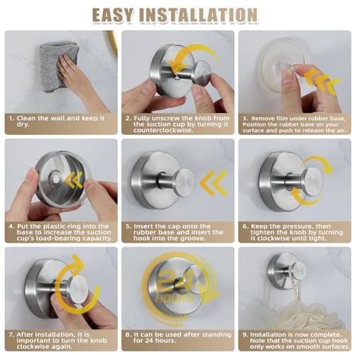 Fenas Suction Cup Hooks for Shower No-Drill Bathroom Hooks for Towels, Robes, Loofah Mountable on Bathroom Walls, Kitchen, Glass, Mirrors, Tile and Smooth,Non-Porous Surfaces (2, Brushed Nickel) - Thumbnail 5