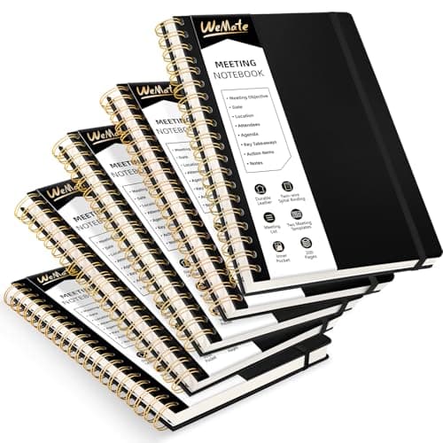 WEMATE 5 Pack Meeting Notebooks for Work（7"x10"） 200 Pages, PU Leather Notebook with Action Items & Note, For Staff & Students, Meeting, Projects Planning - All Black Set - Image 1
