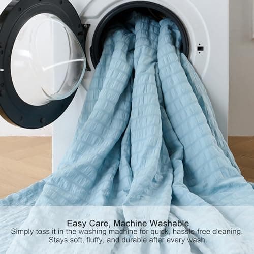 Fuzzysense Seersucker Cooling Comforter Twin XL/Twin, Q-Max 0.4 Lightweight Reversible Summer Blanket for Hot Sleepers, Breathable Dorm Bedding for College, Sky Blue - Thumbnail 6