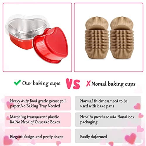 Heart Shaped Cake Pans Valentines Aluminum Mini Cake Pans with Lids for Baking 30 Packs 3.4 Ounces Disposable Cupcake Cup Pan Baking Pans for Valentine Mother's Day Wedding Birthday Baking Supplies - Thumbnail 6